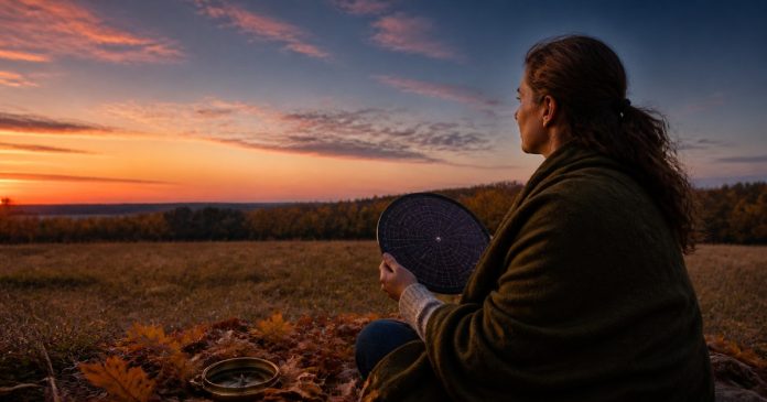 Autumn Equinox 2026 and the Zodiac Signs Woman studying a star chart at sunset during the autumn equinox