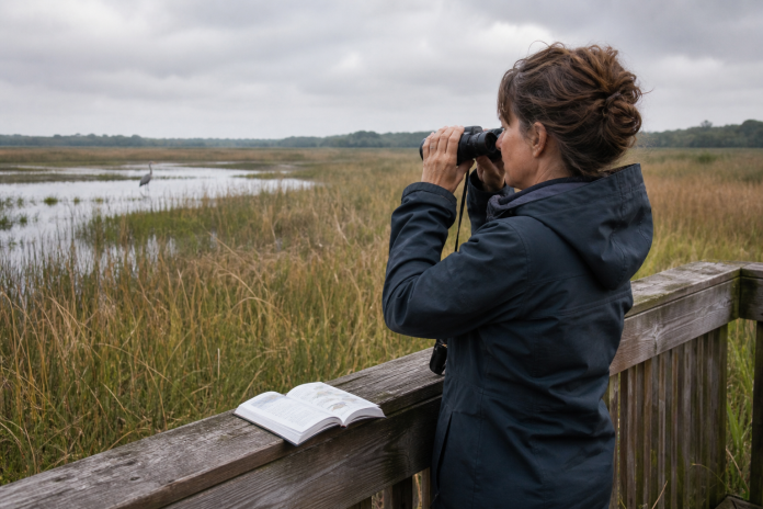 Woman with binoculars on a wetland viewing platform Woman in her forties with binoculars and an open field guide on a wooden wetland viewing platform, a heron in the reeds beyond