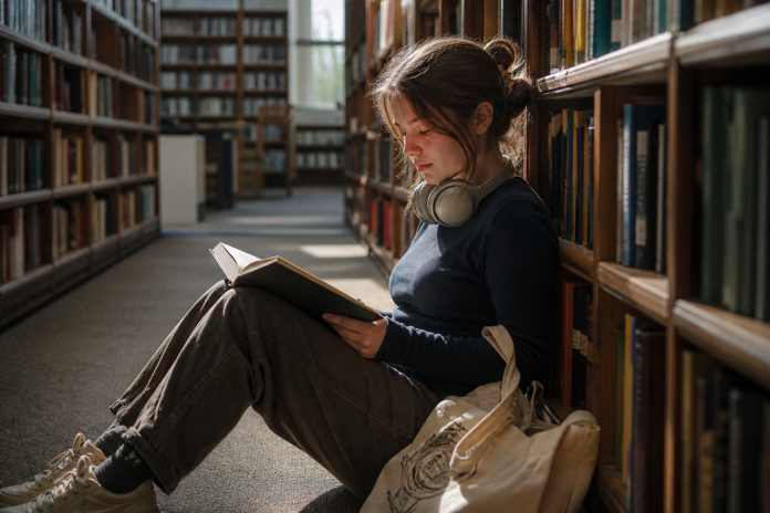 Empath vs highly sensitive person Young woman sitting on the floor of a quiet library aisle reading, with noise-cancelling headphones around her neck