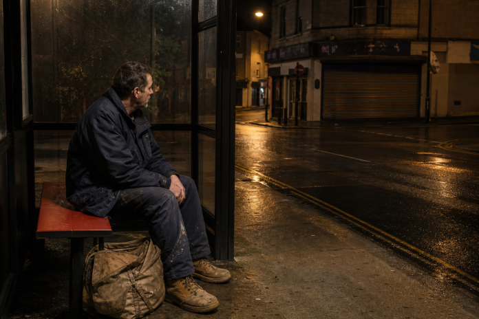Spiritual awakening stages and symptoms Middle-aged man sitting calmly on a bench at a bus stop at night after a shift, work bag at his feet, empty street and closed shop behind