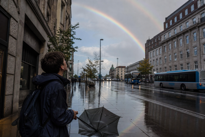 Signs and omens: a double rainbow over a rainy city street Young man on a rainy city street looking up at a double rainbow between buildings, umbrella half-closed, buses passing