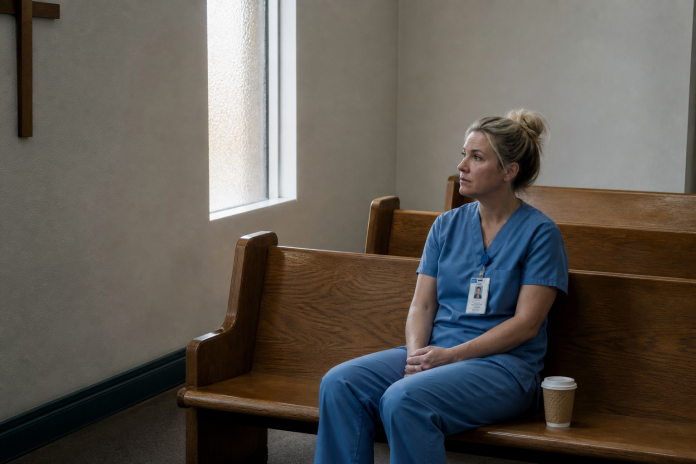 Guardian angels: a nurse resting in a hospital chapel Nurse in scrubs sitting in a plain hospital chapel on her break, hands folded, a vending-machine coffee beside her on the pew