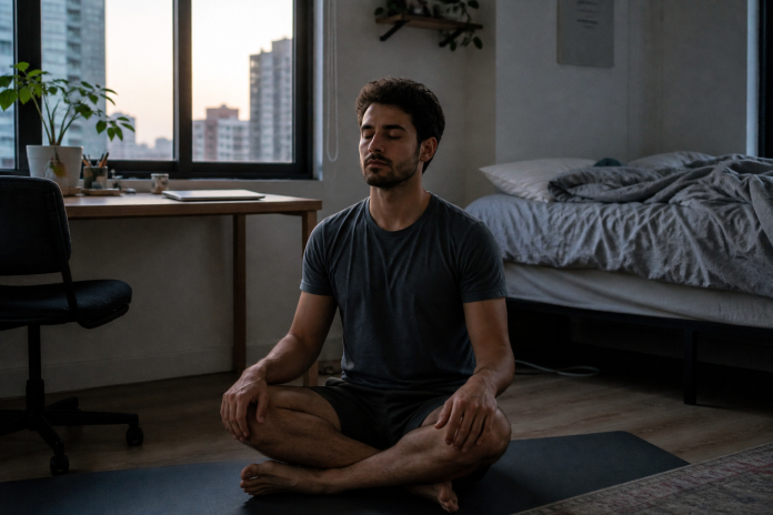 Opening the third eye: a man meditating in a studio apartment at dawn Man in his twenties sitting on a yoga mat in a small studio apartment at dawn, eyes closed, laptop closed on the desk behind him