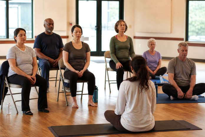 Chakra meditation: a group class in a bright community room Group meditation class in a bright community room, six adults of mixed ages seated on chairs and mats with eyes closed, instructor at the front