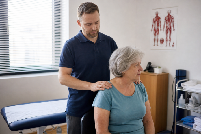 Practitioner resting hands on a seated woman's shoulders in a clinic room A practitioner in a plain polo shirt resting his hands on the shoulders of a seated older woman in a community clinic treatment room with blinds and an anatomical poster