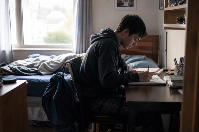 Teenager writing in a notebook at his desk in the early morning A teenage boy writing in a notebook at a bedroom desk in early morning light, with an unmade bed behind him and a school bag on the chair