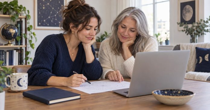 AI-generated editorial illustration, not a documented consultation. Two women studying a chart together with the laptop screen facing away from the camera