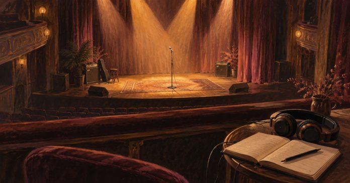 Stage presence, art and personal reflection Illustrated empty stage with amber spotlights, a microphone and a listening journal in the foreground.