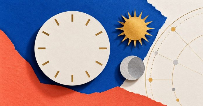 Paper-cut clock without hands beside symbolic Sun, Moon and chart arc