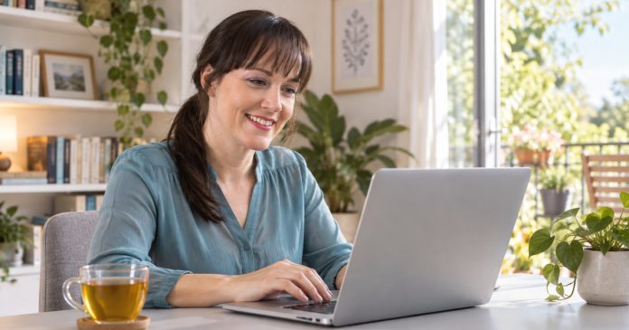 A woman reflecting at her laptop in a bright home study with a terrace door open to greenery.