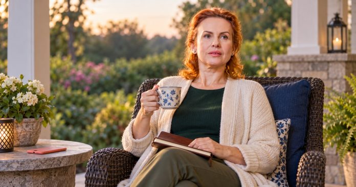 angel-133-distinct-model-20261014 A woman with a journal and tea reflecting on a covered garden porch.