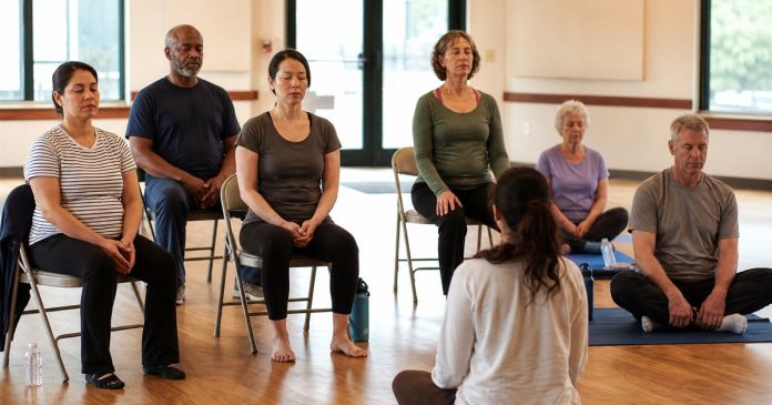 A seated group meditation Adults sit on chairs and mats with their eyes closed during a group meditation in a bright room.