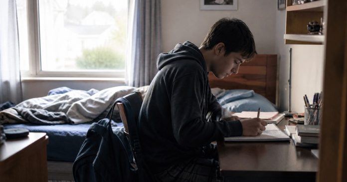 A person writing in a notebook at a bedroom desk in morning light.