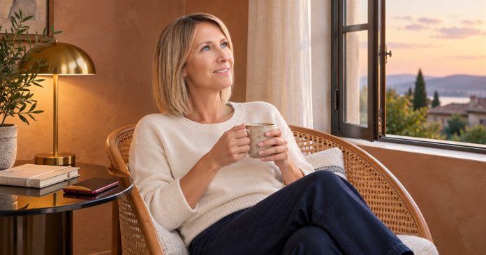 Empath heart restful boundaries A woman in an ivory sweater holding a mug beside an evening window.