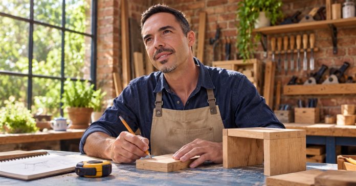 Following dreams small project A man sketching a woodworking project at a blue workbench in a sunlit workshop.