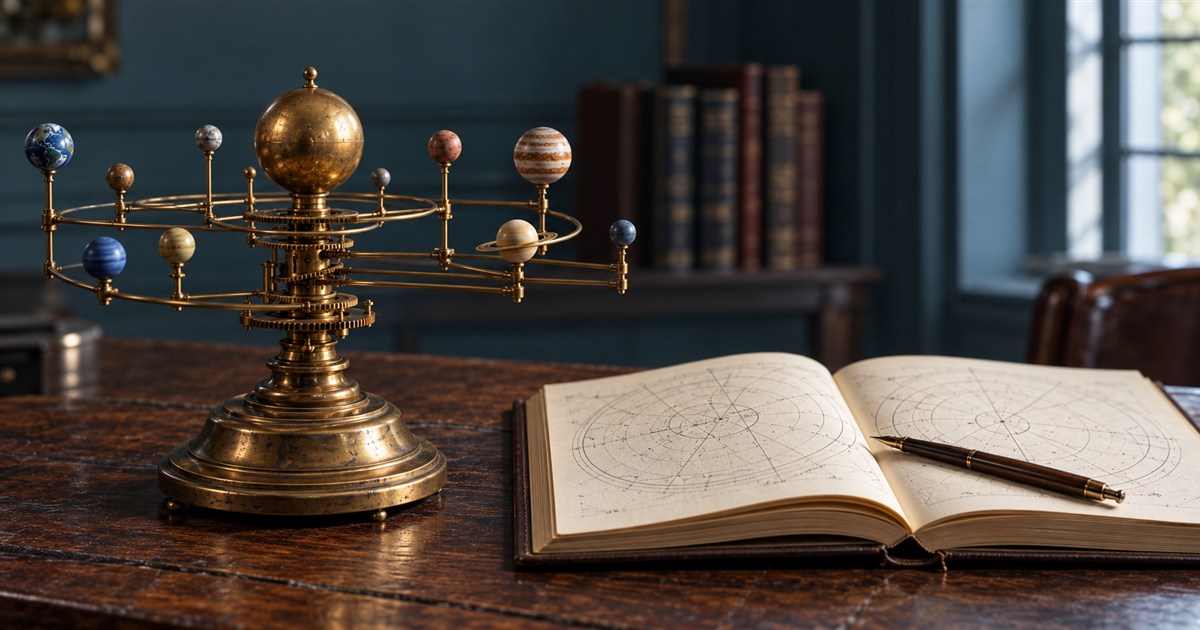 A finely crafted brass orrery beside an open chart notebook and fountain pen in a softly lit teal study.