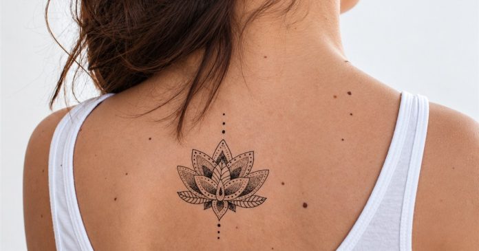 Lotus flower tattoo and personal meaning A woman with a brown braid wears a white top that reveals a dotwork lotus tattoo on her upper back.