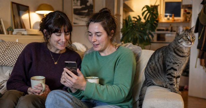 Love concerns supportive conversation Two women looking at a smartphone together on a sofa beside a tabby cat.