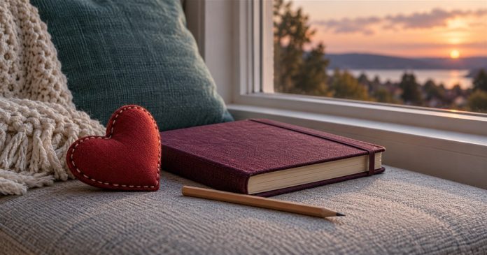 A thoughtful moment for love and intention A red fabric heart, closed plum-colored journal and pencil rest on a window seat.