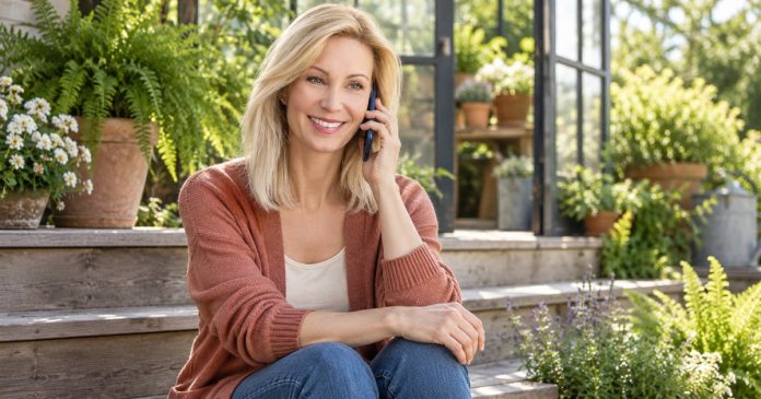 Psychic connection partner conversation A blonde woman listening on a dark-blue phone beside a garden greenhouse.