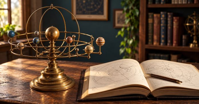 A brass solar-system model beside an open astronomy notebook on a desk in a quiet study.