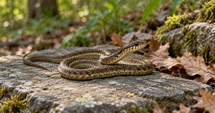 A snake resting at a woodland edge An olive-brown snake rests in a loose coil on a woodland stone beside fallen leaves.