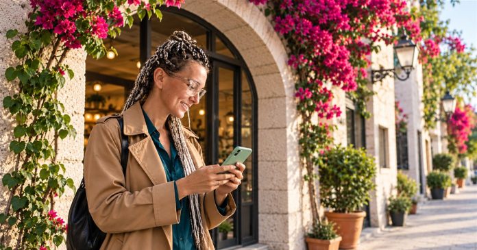 Taking a chance on love A braided-haired woman with glasses holding a mint-green phone outside a cafe.