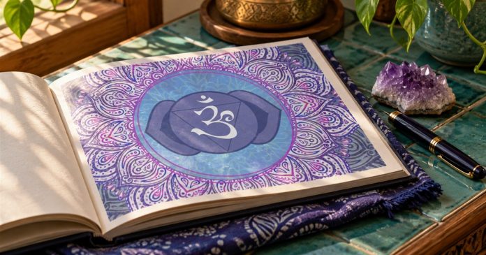 An open book with an indigo third-eye chakra design sits beside an amethyst cluster and pen.