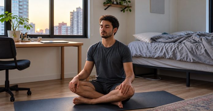 A quiet dawn meditation A dark-haired man sits cross-legged on a mat beside a bedroom window at dawn.