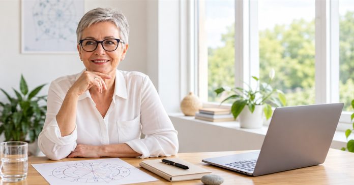 Zodiac Elements and a Personal Chart A silver-haired woman with dark glasses at a desk with a printed astrology chart and an open laptop.